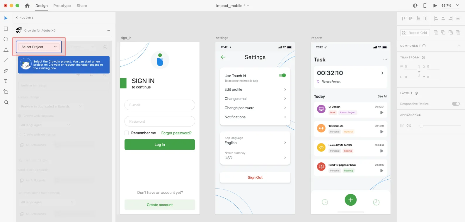 Adobe XD Plugin Selecting Crowdin Enterprise Project