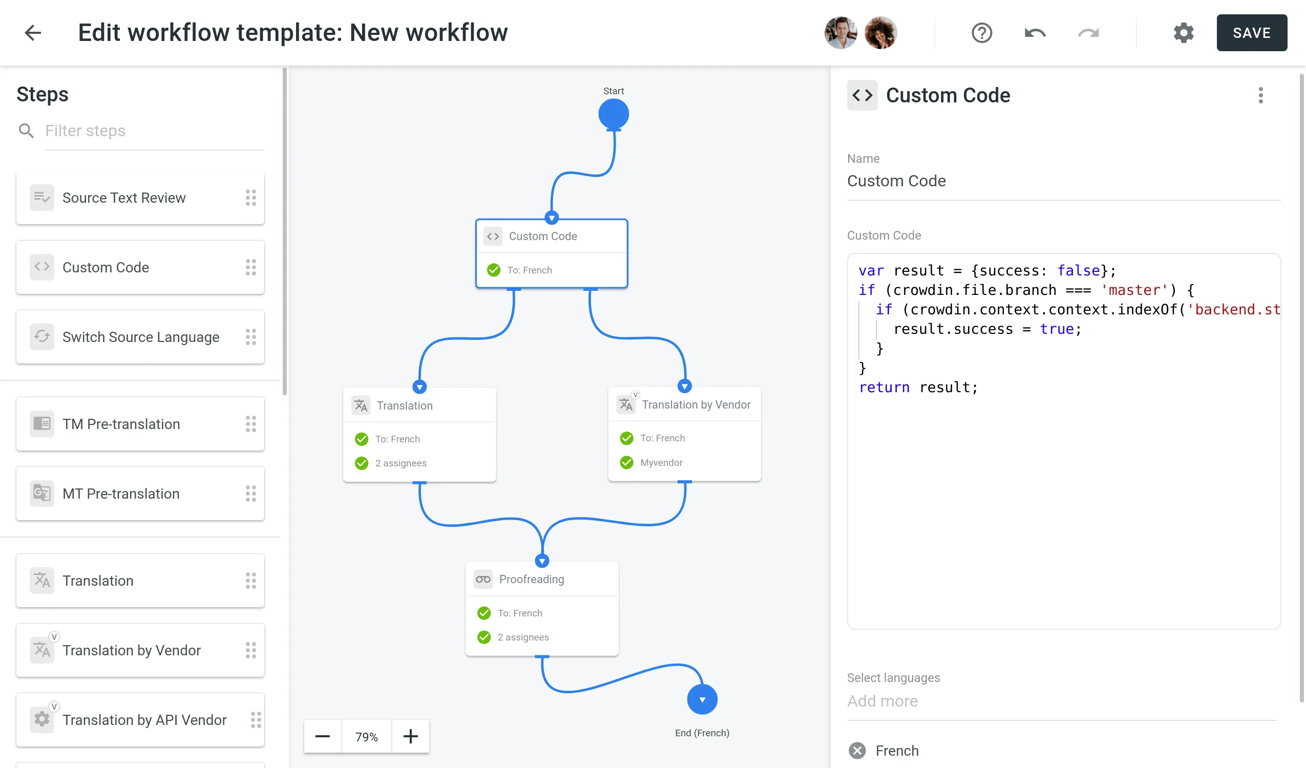 Custom Code in the Workflow Editor