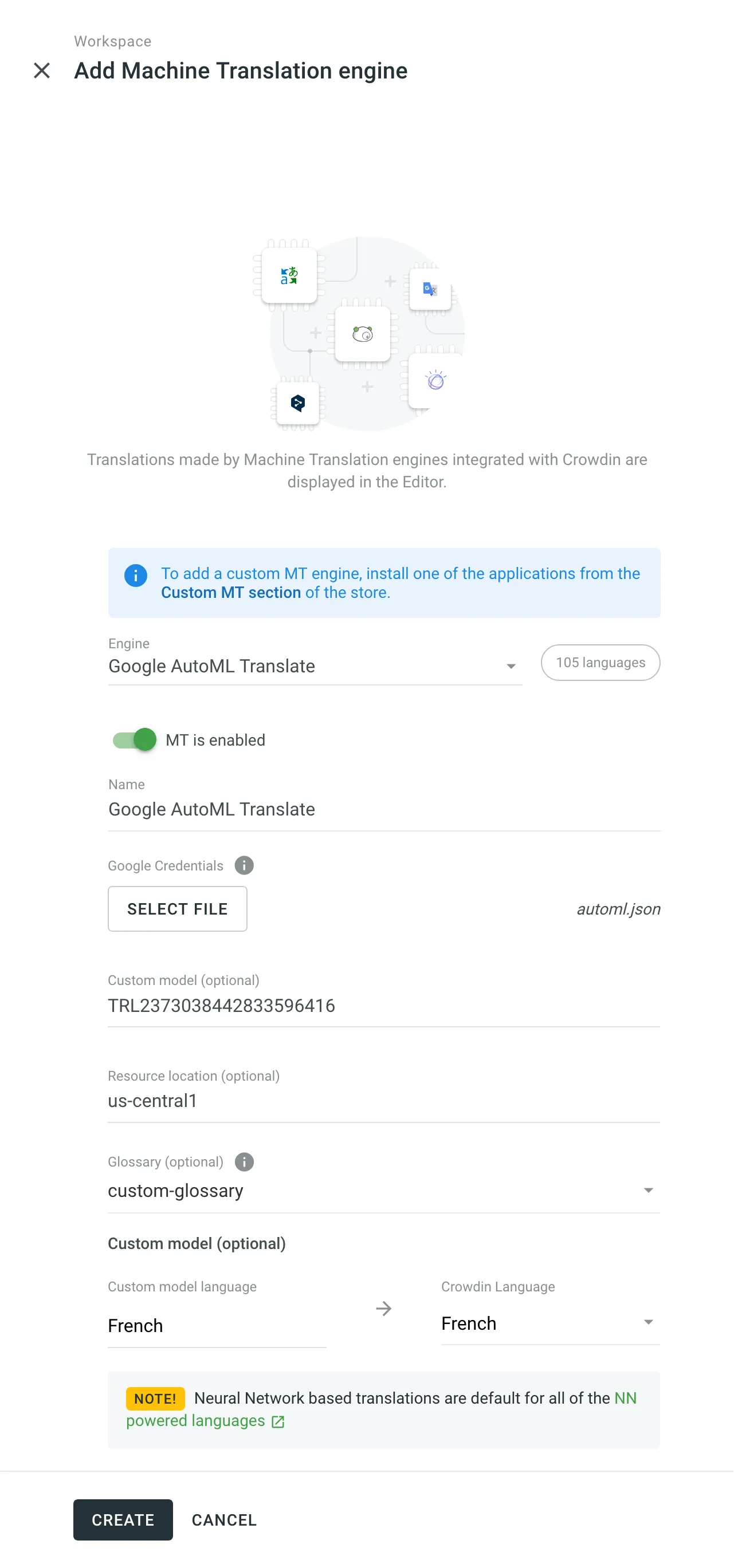 Google Cloud AutoML Custom Glossary Configuration